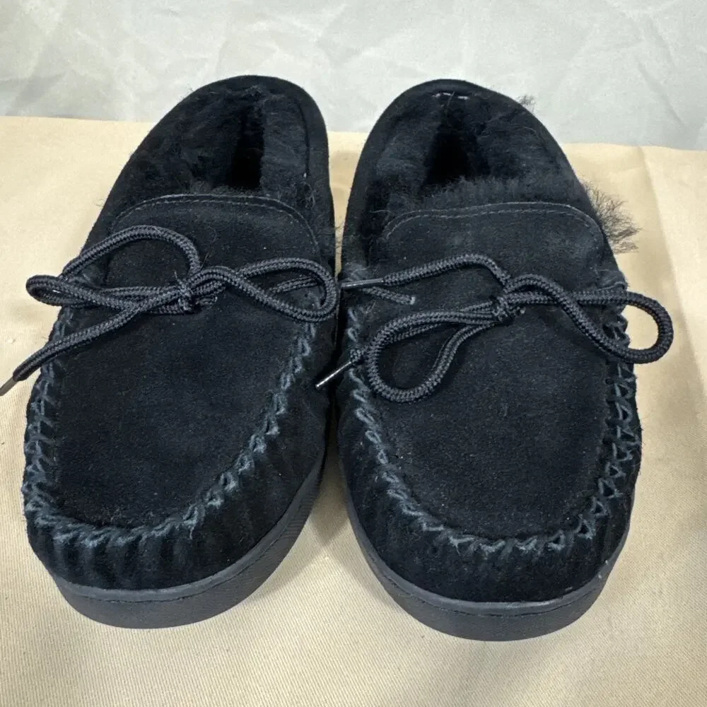 BEARPAW Mens 8 Black Suede Moccasin Slippers Fur Lined Tie Indoor Outdoor